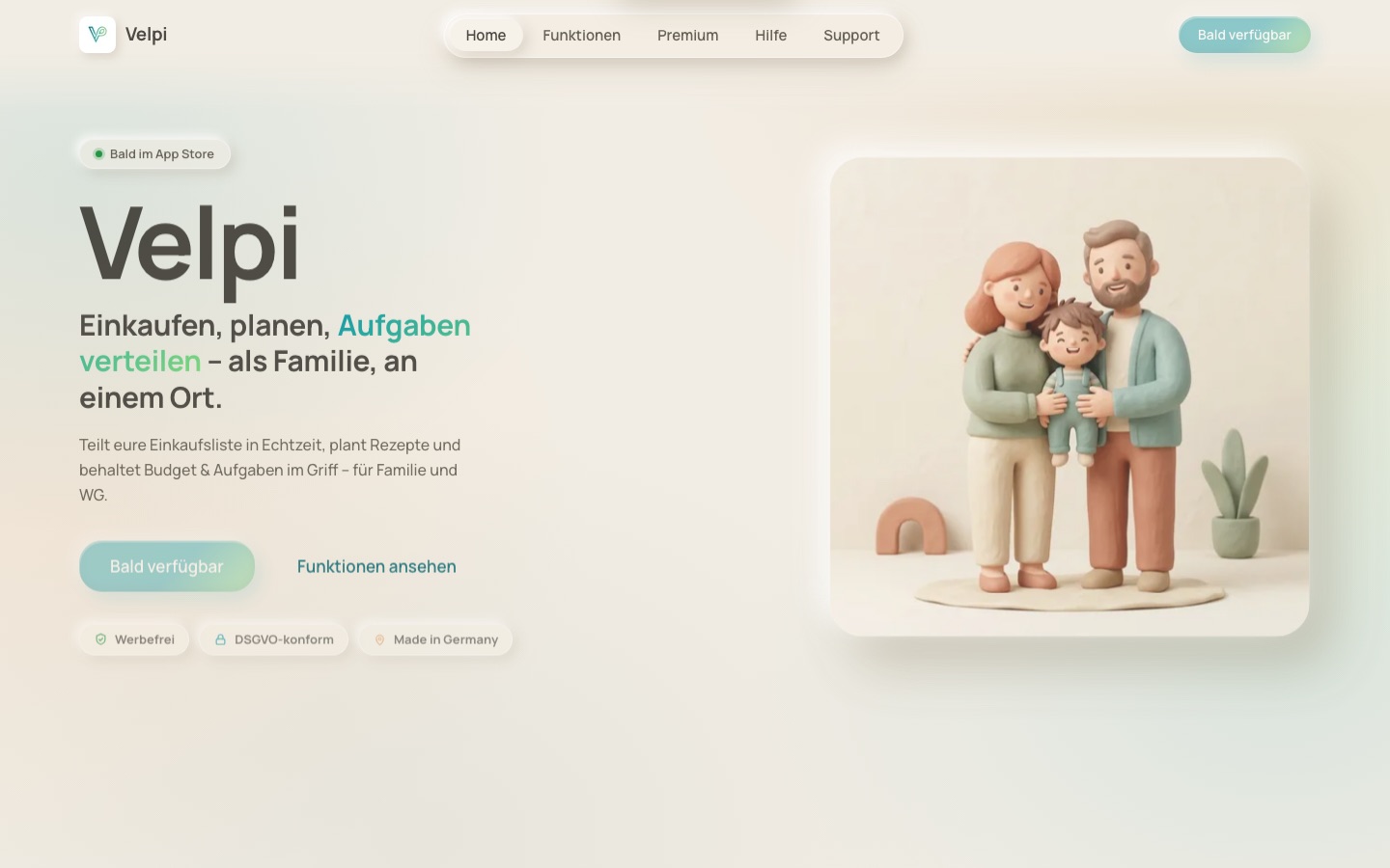 Startseite von velpi.de: Überschrift „Einkaufen, planen, Aufgaben verteilen — als Familie, an einem Ort“ mit Illustration einer Familie.