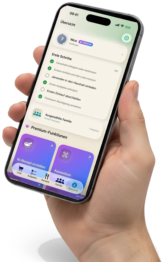 Die Übersicht in Velpi mit den KI-Funktionen Kassenbon-Scan und Rezept-Generator.