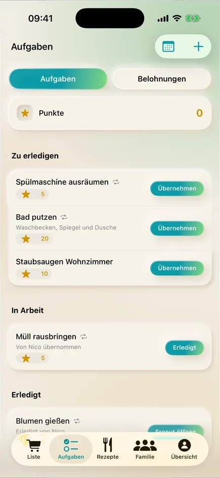 Die Aufgabenliste in Velpi mit Punkten und Belohnungen.
