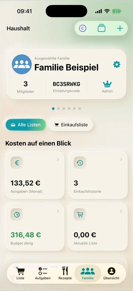 Die Haushaltsseite in Velpi mit Ausgaben, Budget und Einkaufshistorie.