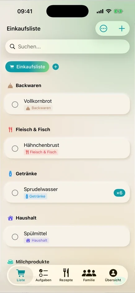 Bildschirmabzug der Velpi-App: die geteilte Einkaufsliste, nach Kategorien gruppiert.