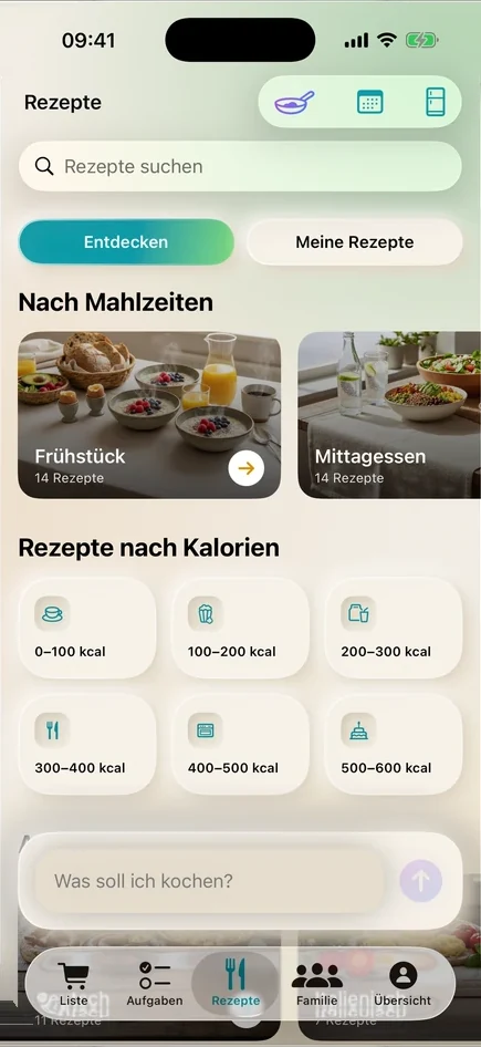 Der Rezeptkatalog in Velpi, gefiltert nach Mahlzeit und Kalorien.